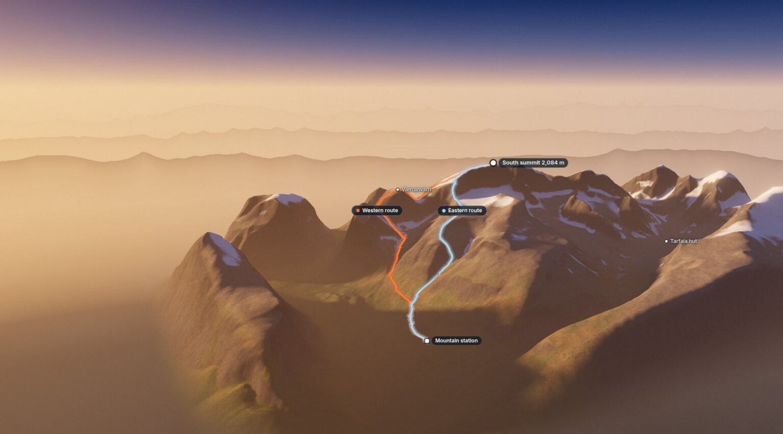 Kebnekaise in 3D at golden hour, with the Western and Eastern routes climbing from the mountain station to the south summit